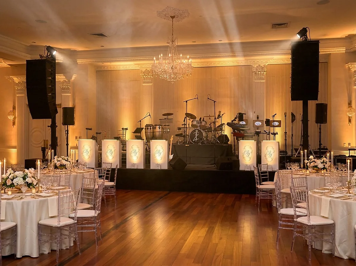 Custom monogrammed band stands across the front of a wedding stage