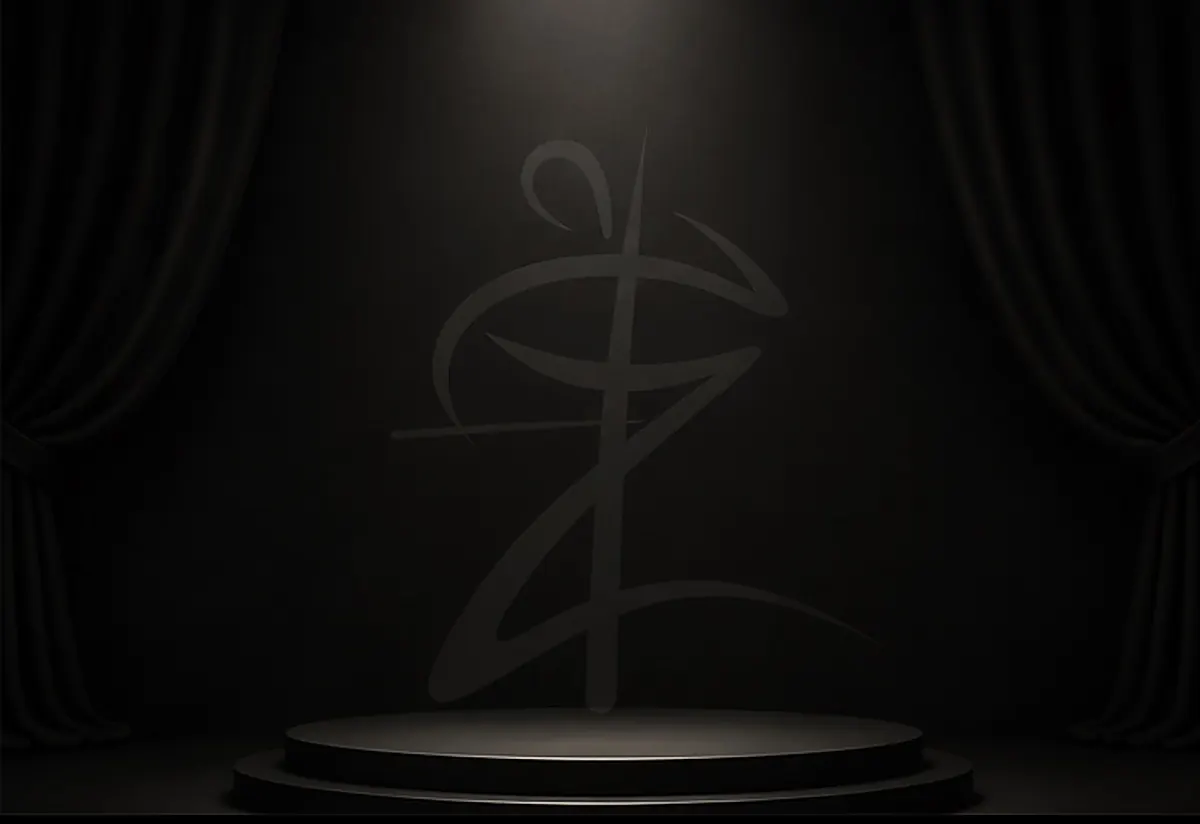 The Zaltz Band emblem lit on a darkened stage behind velvet curtains