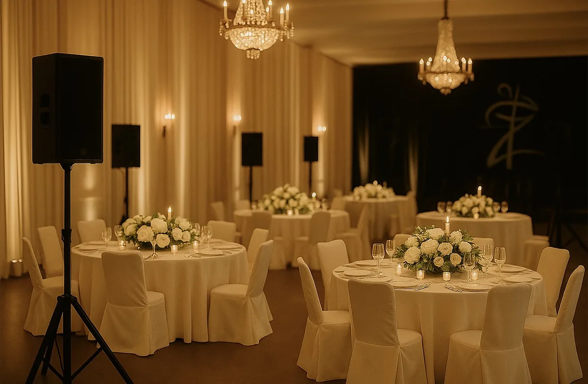 Speakers placed around a candlelit ballroom of white-draped tables
